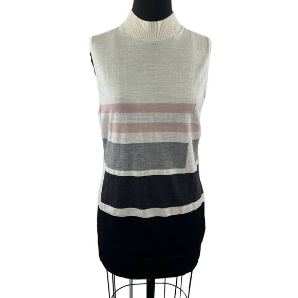 St. John Ivory Pink Striped Mock Neck Sleeveless Knit Top Sweater Colorblock M - Picture 1 of 7